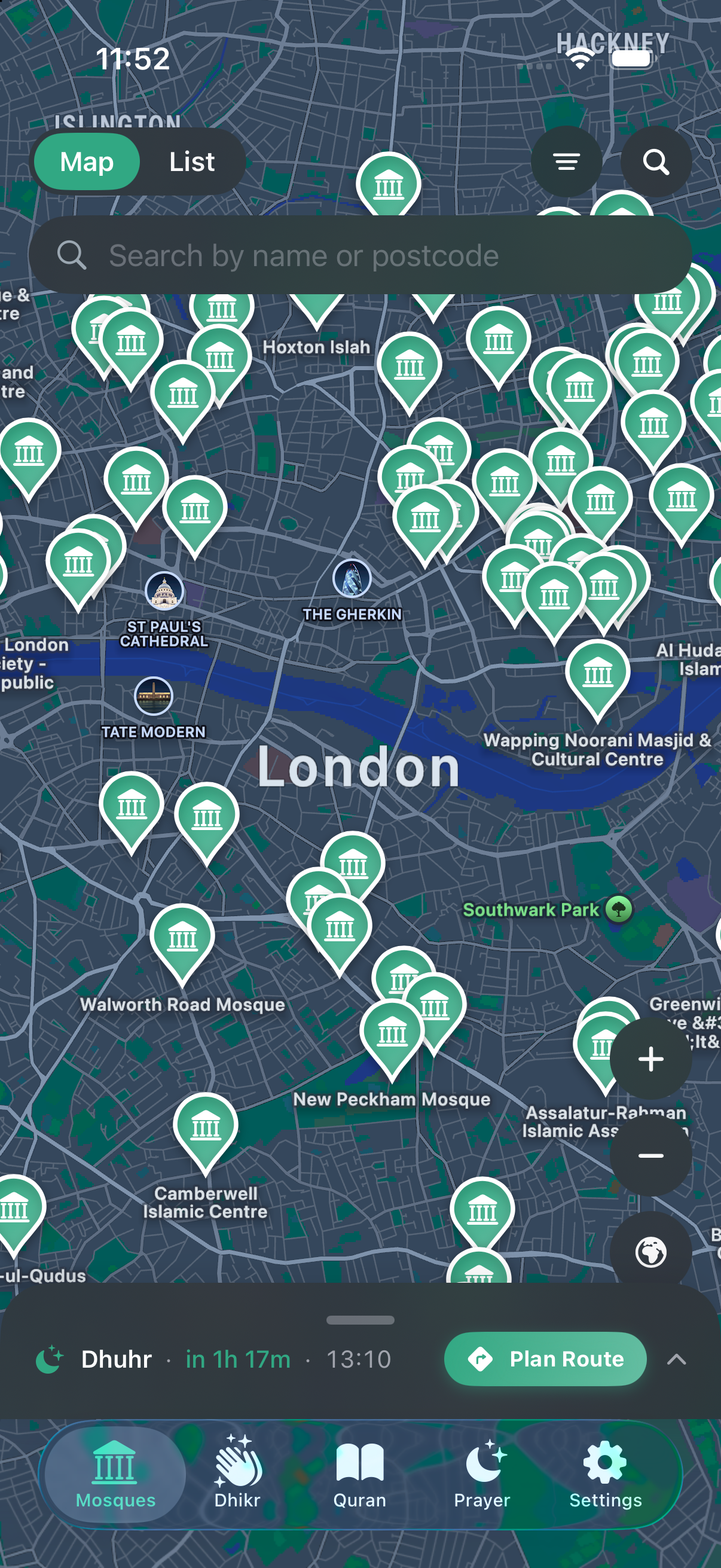 Ruknu mosque map showing masjids across London with a Plan Route button