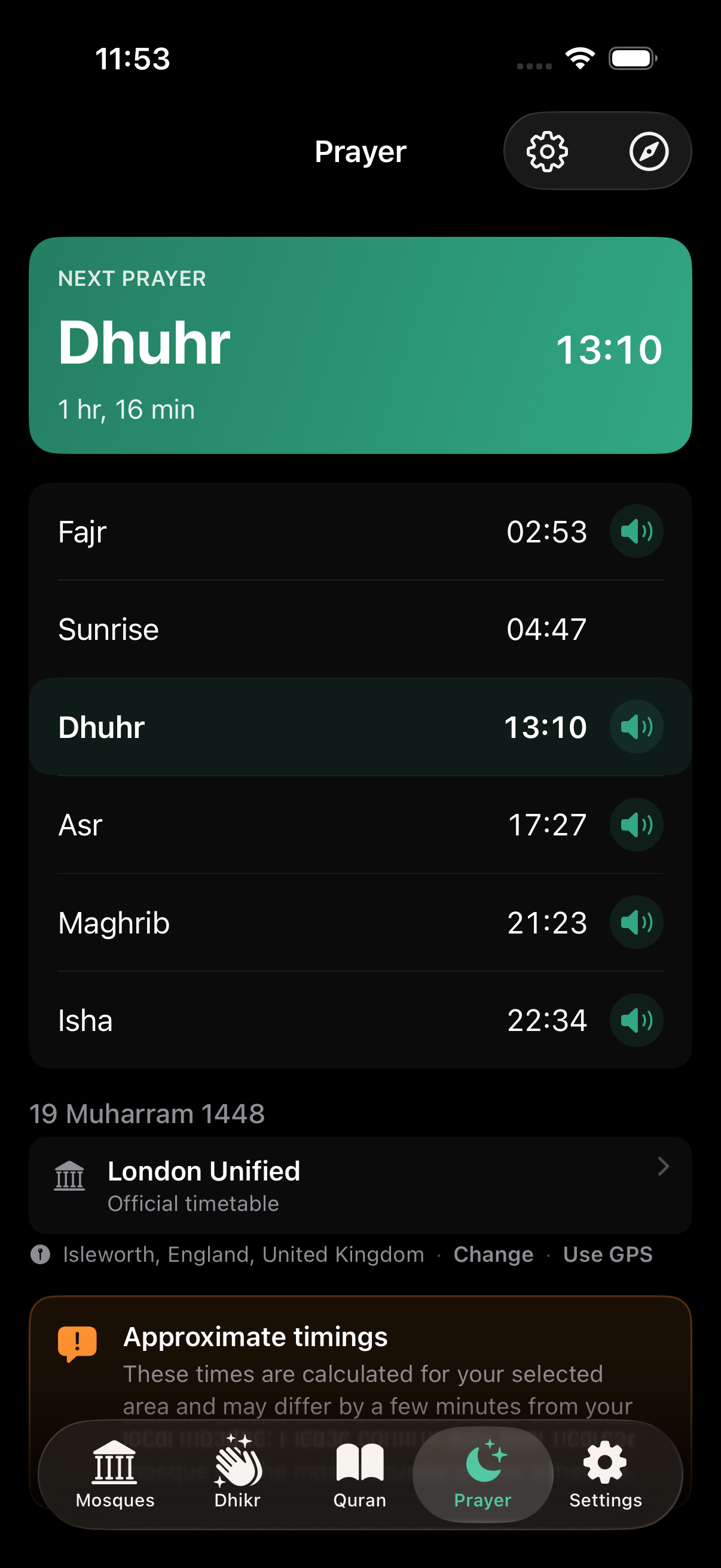 Prayer times screen with next prayer countdown, adhan toggles and official timetable